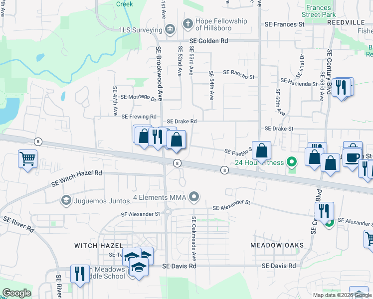 map of restaurants, bars, coffee shops, grocery stores, and more near 2425 Southeast 53rd Avenue in Hillsboro