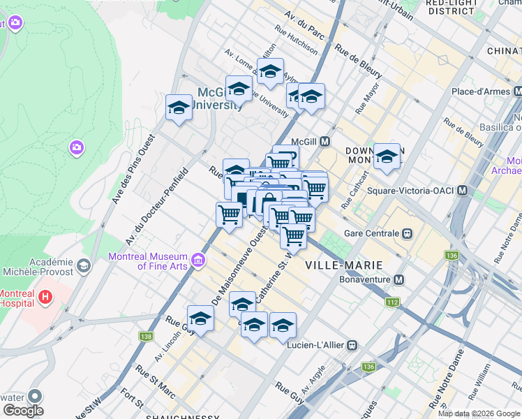 map of restaurants, bars, coffee shops, grocery stores, and more near 2060 Peel Street in Montrã©Al