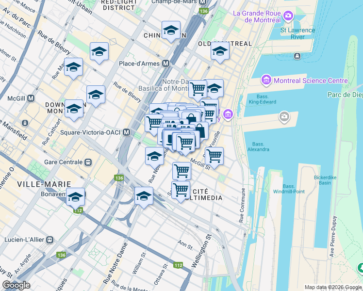 map of restaurants, bars, coffee shops, grocery stores, and more near in Montreal