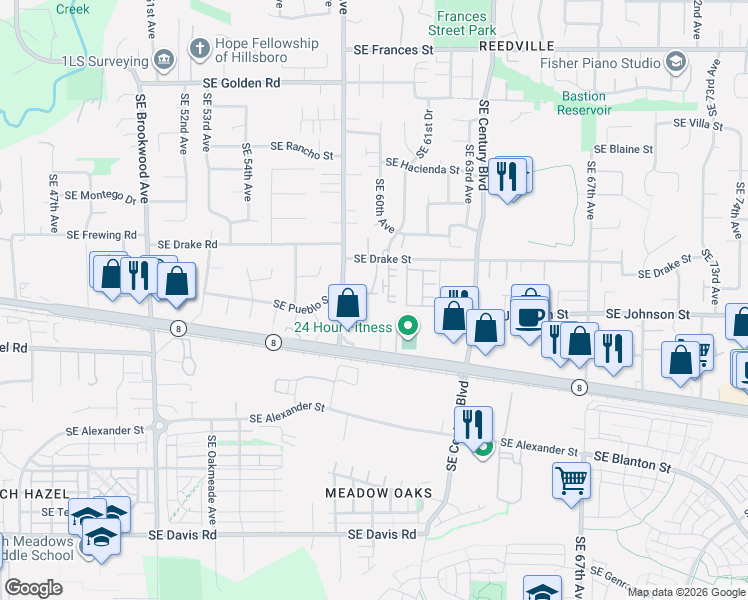 map of restaurants, bars, coffee shops, grocery stores, and more near 5998 Southeast Drake Street in Hillsboro