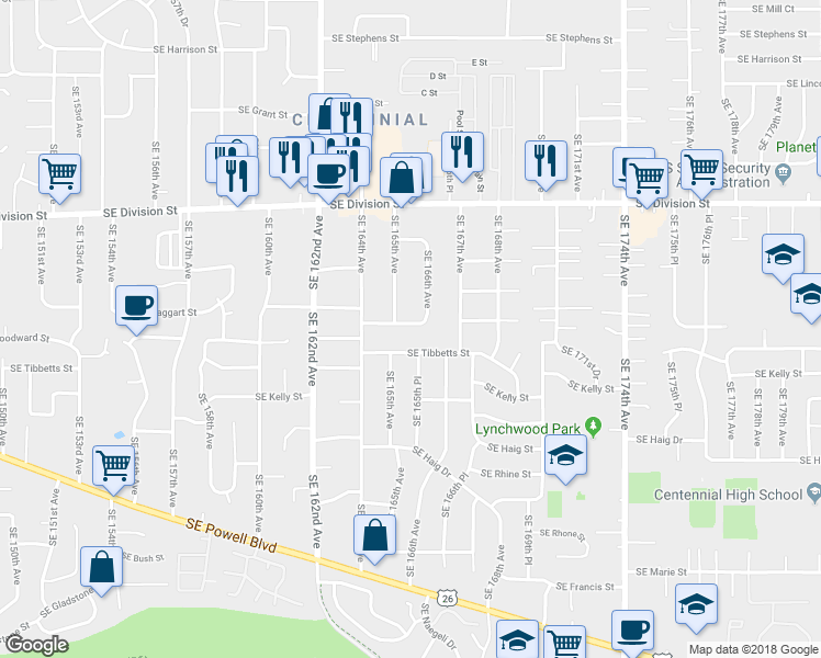 map of restaurants, bars, coffee shops, grocery stores, and more near 16526 Southeast Woodward Street in Portland