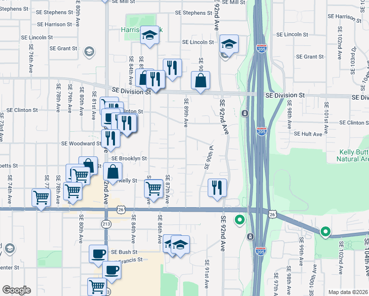 map of restaurants, bars, coffee shops, grocery stores, and more near 2909 Southeast 89th Avenue in Portland