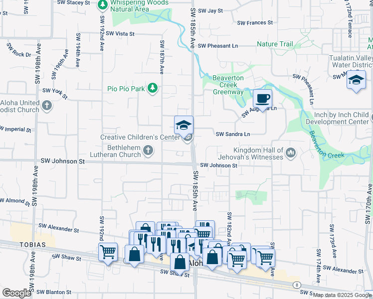 map of restaurants, bars, coffee shops, grocery stores, and more near 18531 Southwest Muirfield Street in Aloha