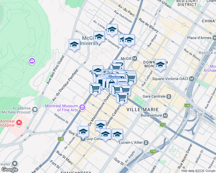 map of restaurants, bars, coffee shops, grocery stores, and more near 2060 Rue Peel in Montréal