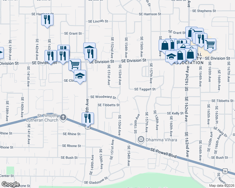 map of restaurants, bars, coffee shops, grocery stores, and more near 2855 Southeast 153rd Avenue in Portland