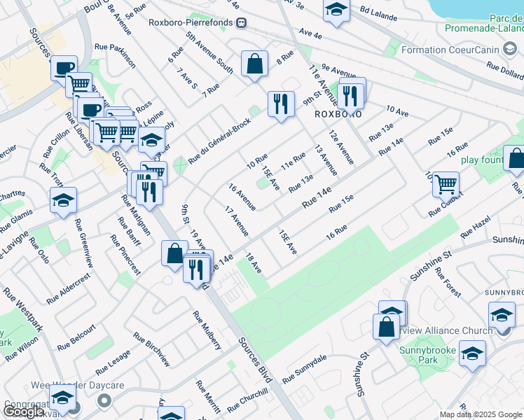 map of restaurants, bars, coffee shops, grocery stores, and more near 13 Rue in Montréal