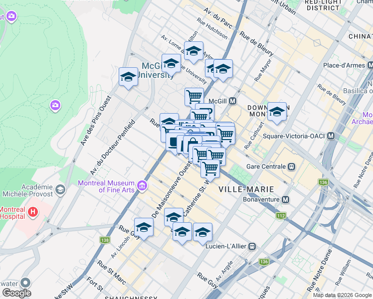 map of restaurants, bars, coffee shops, grocery stores, and more near 2060 Rue Peel in Montrã©Al