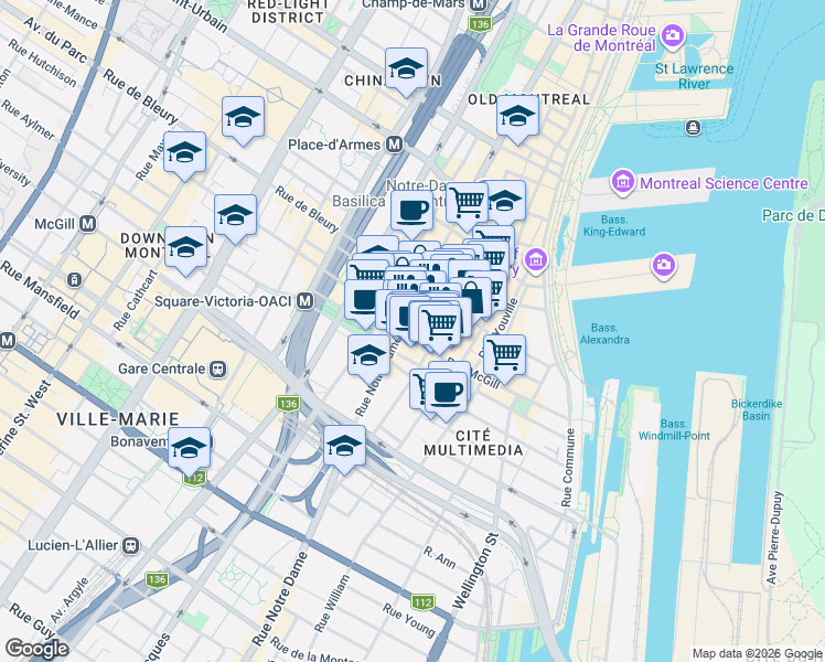 map of restaurants, bars, coffee shops, grocery stores, and more near 415 Rue des Récollets in Montréal