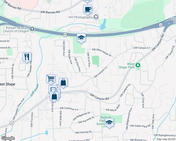map of restaurants, bars, coffee shops, grocery stores, and more near 2540 Southwest 81st Avenue in Portland
