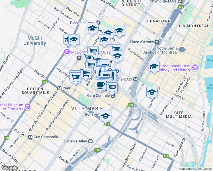 map of restaurants, bars, coffee shops, grocery stores, and more near in Montreal