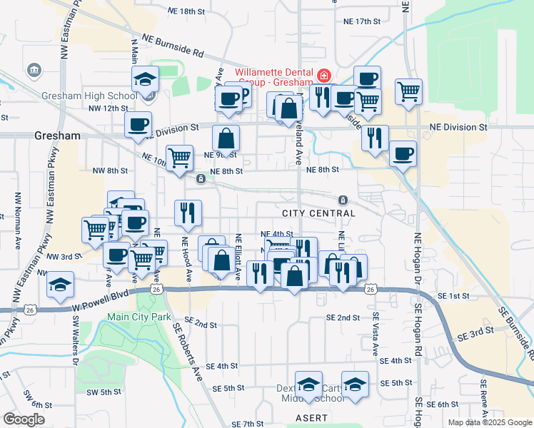 map of restaurants, bars, coffee shops, grocery stores, and more near 807 Northeast 5th Street in Gresham