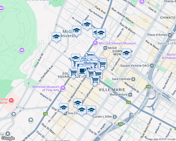 map of restaurants, bars, coffee shops, grocery stores, and more near 2045 Rue Peel in Montréal