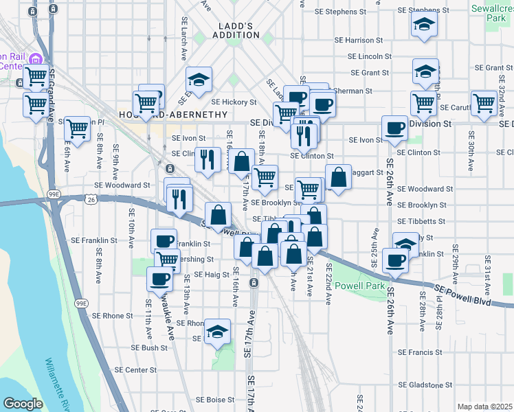 map of restaurants, bars, coffee shops, grocery stores, and more near 1784 Southeast Brooklyn Street in Portland