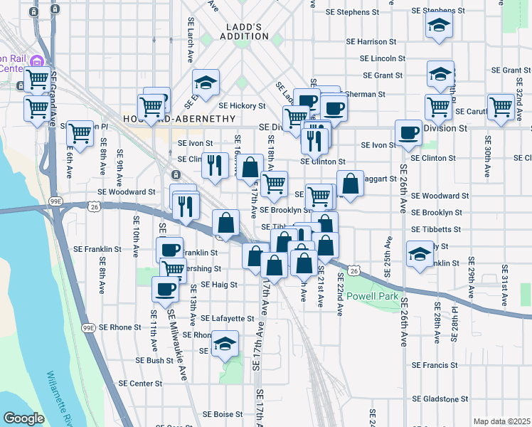 map of restaurants, bars, coffee shops, grocery stores, and more near 1784 Southeast Brooklyn Street in Portland