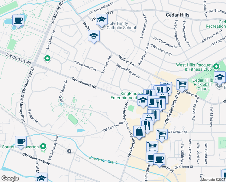 map of restaurants, bars, coffee shops, grocery stores, and more near 13475 Southwest Jenkins Road in Beaverton