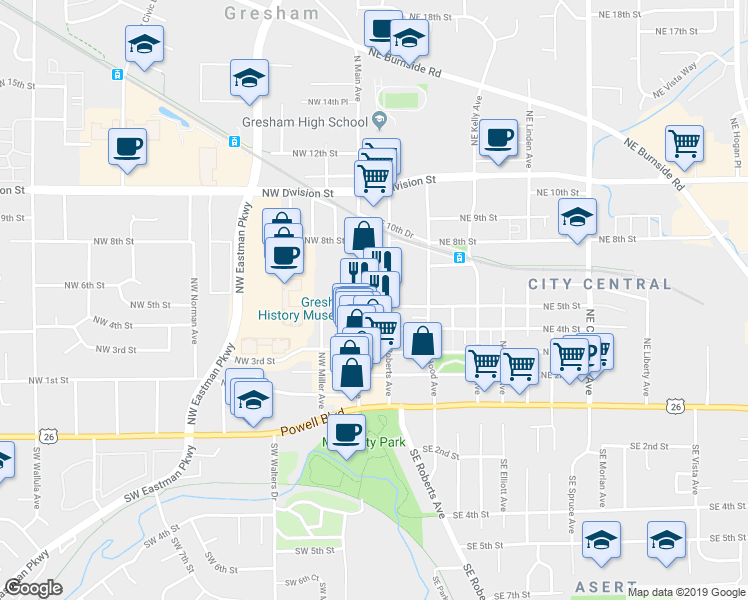 map of restaurants, bars, coffee shops, grocery stores, and more near 39 Northeast 4th Street in Gresham