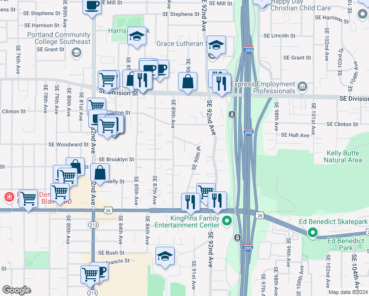 map of restaurants, bars, coffee shops, grocery stores, and more near 2819-2835 Southeast 90th Place in Portland