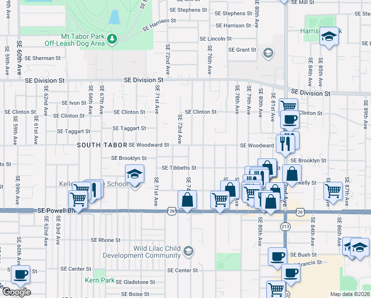 map of restaurants, bars, coffee shops, grocery stores, and more near 7345 Southeast Brooklyn Street in Portland