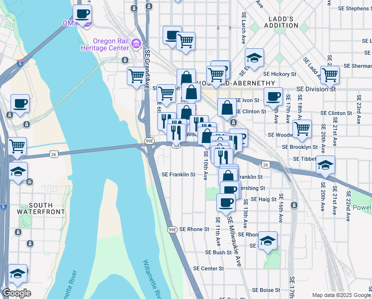 map of restaurants, bars, coffee shops, grocery stores, and more near 3025 Southeast 8th Avenue in Portland