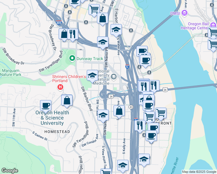 map of restaurants, bars, coffee shops, grocery stores, and more near 010 Southwest Porter Street in Portland
