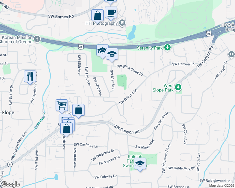 map of restaurants, bars, coffee shops, grocery stores, and more near 2540 Southwest 81st Avenue in Portland