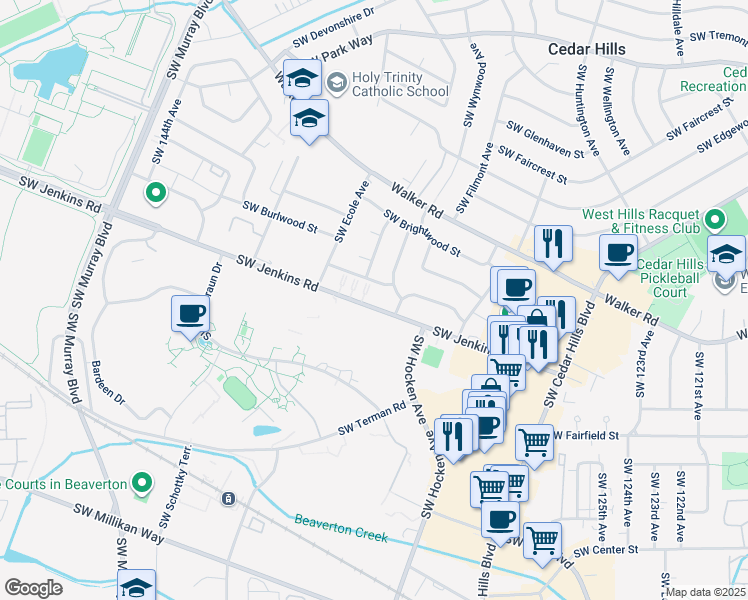 map of restaurants, bars, coffee shops, grocery stores, and more near 13475 Southwest Jenkins Road in Beaverton