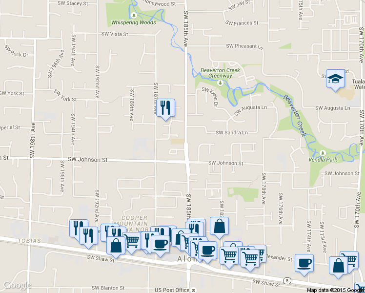 map of restaurants, bars, coffee shops, grocery stores, and more near 18531 Southwest Muirfield Street in Aloha