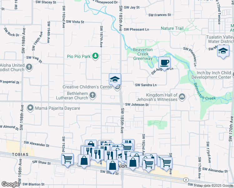 map of restaurants, bars, coffee shops, grocery stores, and more near 18531 Southwest Muirfield Street in Aloha