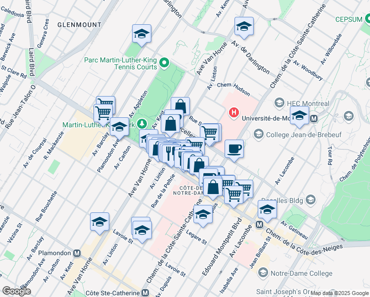 map of restaurants, bars, coffee shops, grocery stores, and more near 5854 Place Decelles in Montreal