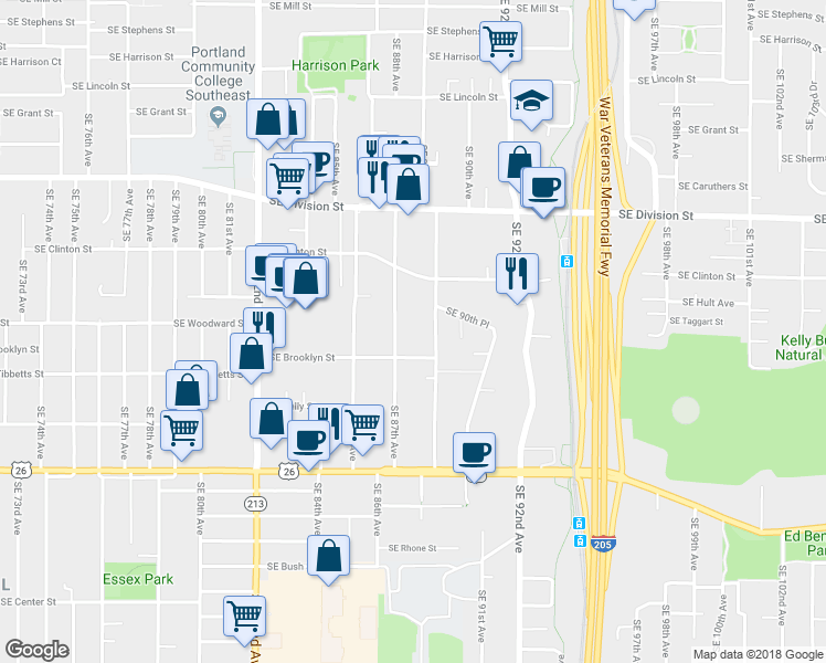 map of restaurants, bars, coffee shops, grocery stores, and more near 2858 Southeast 87th Avenue in Portland