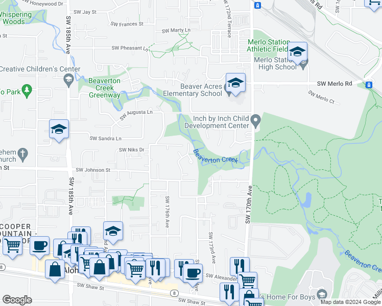 map of restaurants, bars, coffee shops, grocery stores, and more near 2544 Southwest 175th Avenue in Aloha