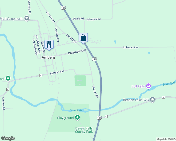 map of restaurants, bars, coffee shops, grocery stores, and more near N15023 Old Highway 141 Road in Amberg