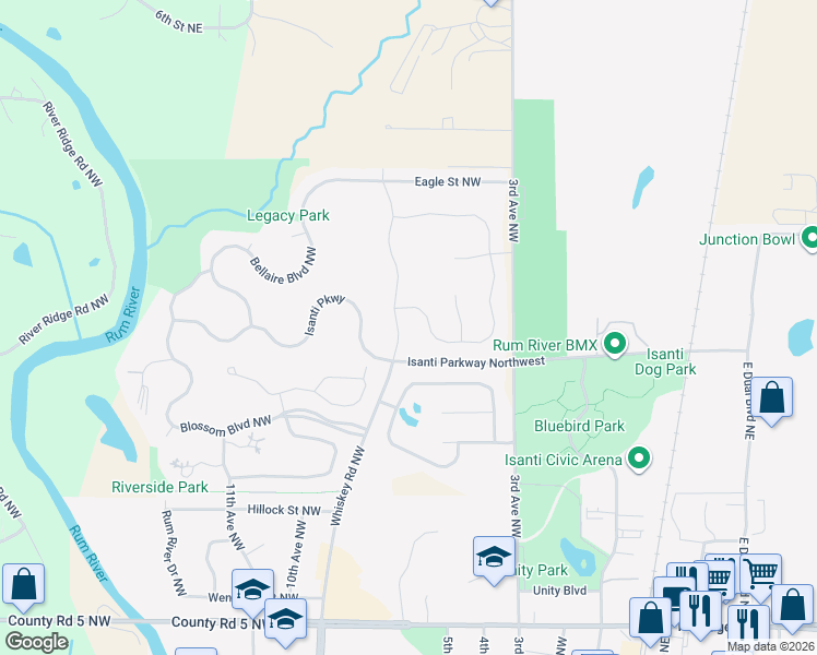 map of restaurants, bars, coffee shops, grocery stores, and more near 812 Whiskey Road Northwest in Isanti