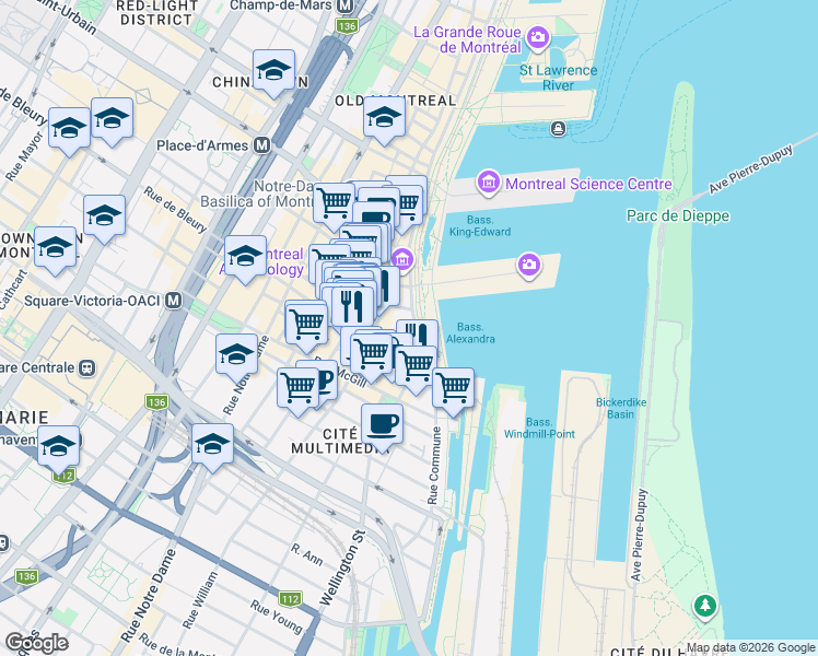 map of restaurants, bars, coffee shops, grocery stores, and more near 291 De la Commune Street West in Montreal