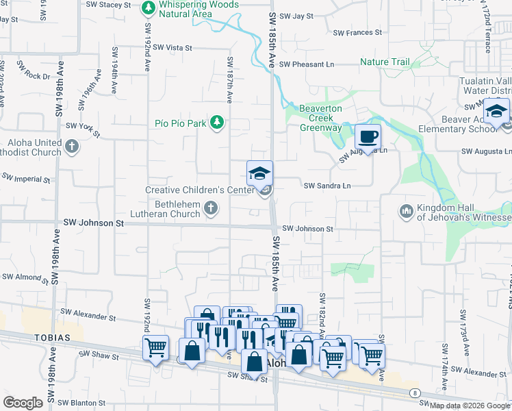 map of restaurants, bars, coffee shops, grocery stores, and more near 18573 Southwest Muirfield Street in Beaverton