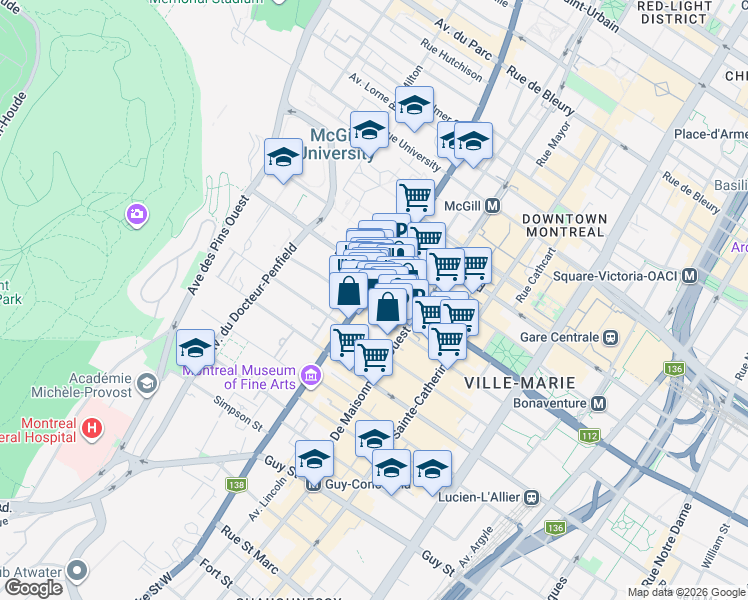 map of restaurants, bars, coffee shops, grocery stores, and more near in Montreal