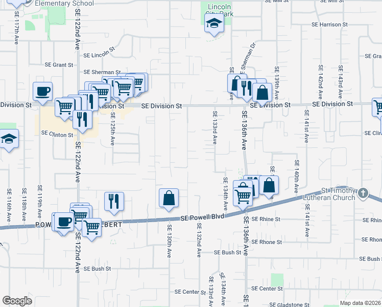 map of restaurants, bars, coffee shops, grocery stores, and more near 2846 Southeast 131st Avenue in Portland