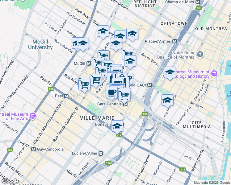 map of restaurants, bars, coffee shops, grocery stores, and more near in Montreal