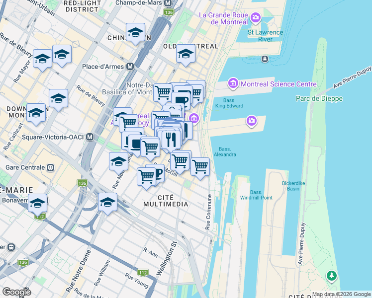 map of restaurants, bars, coffee shops, grocery stores, and more near 306 D Place d'Youville in Montréal