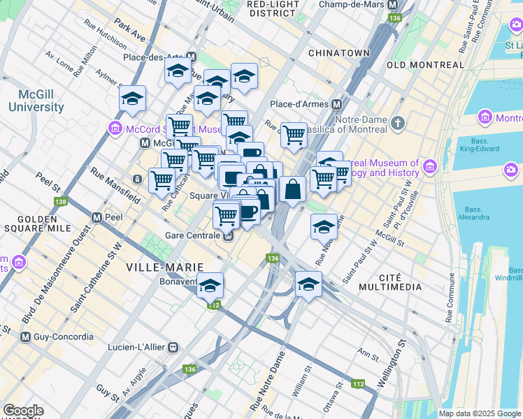 map of restaurants, bars, coffee shops, grocery stores, and more near in Montreal