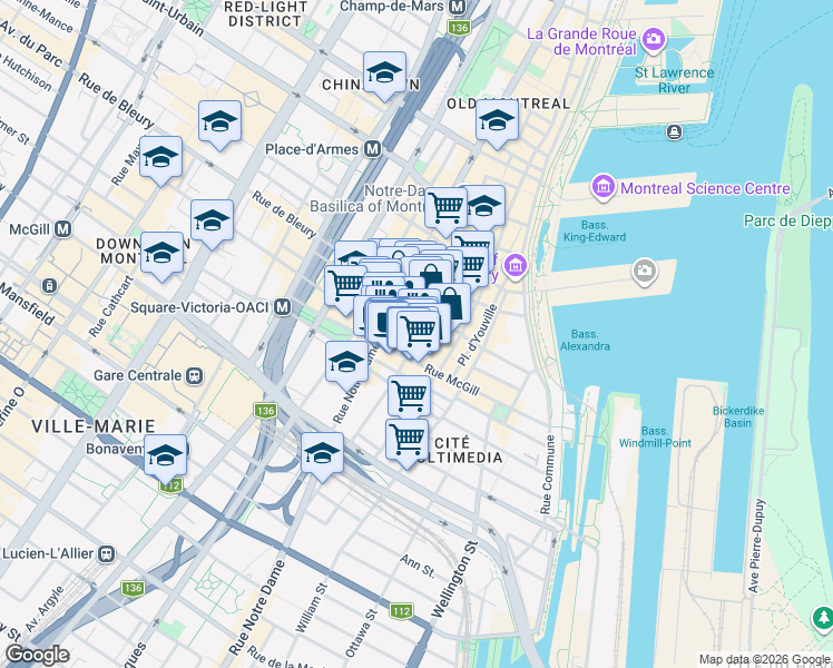 map of restaurants, bars, coffee shops, grocery stores, and more near 433 Rue Sainte-Hélène in Montreal