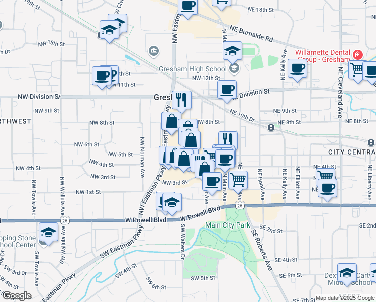 map of restaurants, bars, coffee shops, grocery stores, and more near 580 Northwest Eastman Parkway in Gresham