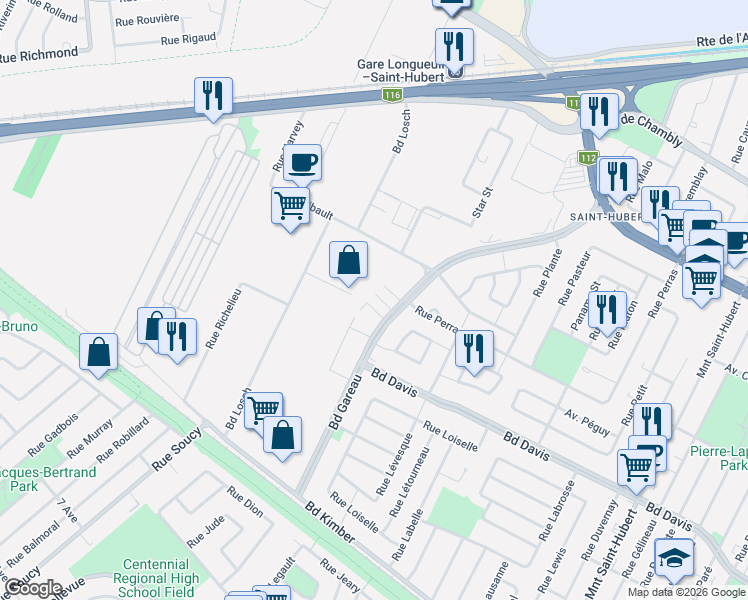 map of restaurants, bars, coffee shops, grocery stores, and more near 3430 Boulevard Gareau in Longueuil