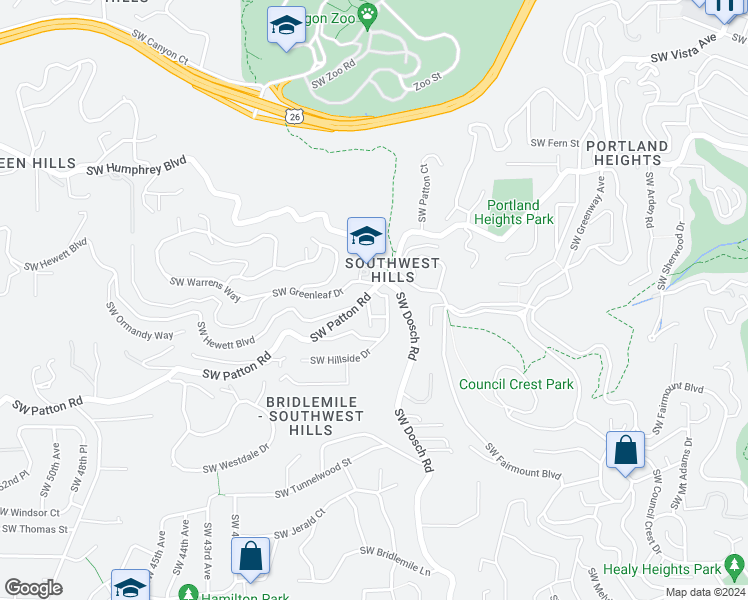map of restaurants, bars, coffee shops, grocery stores, and more near 3590 Southwest Patton Road in Portland