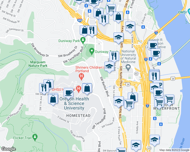 map of restaurants, bars, coffee shops, grocery stores, and more near 3017 Southwest 4th Avenue in Portland