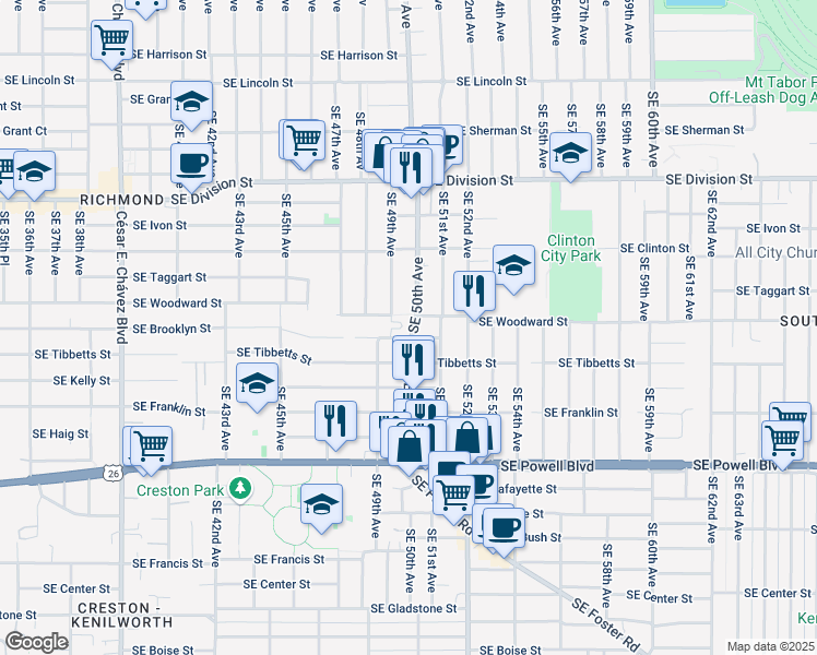 map of restaurants, bars, coffee shops, grocery stores, and more near 4956 Southeast Brooklyn Street in Portland