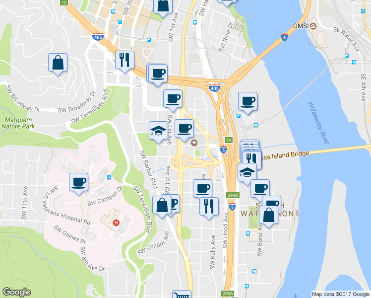 map of restaurants, bars, coffee shops, grocery stores, and more near 010 Southwest Porter Street in Portland