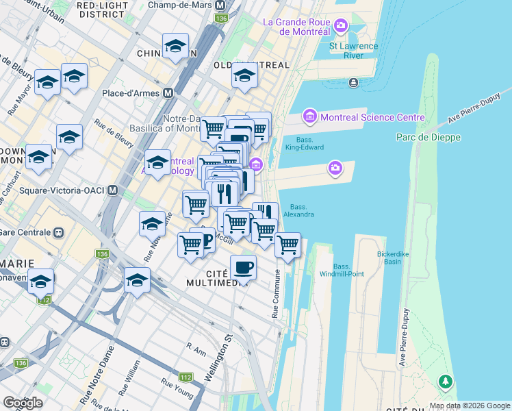 map of restaurants, bars, coffee shops, grocery stores, and more near 291 De la Commune Street West in Montreal
