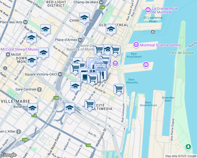 map of restaurants, bars, coffee shops, grocery stores, and more near in Montreal