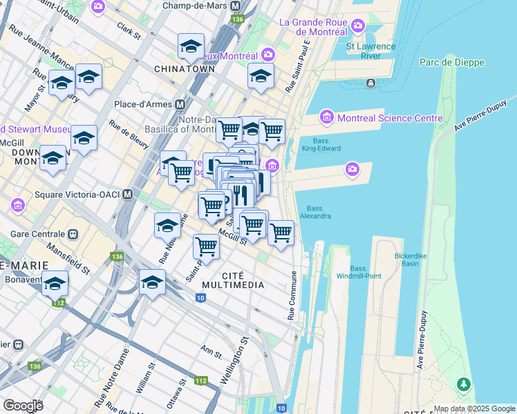 map of restaurants, bars, coffee shops, grocery stores, and more near 324 Rue Saint-Paul Ouest in Montréal